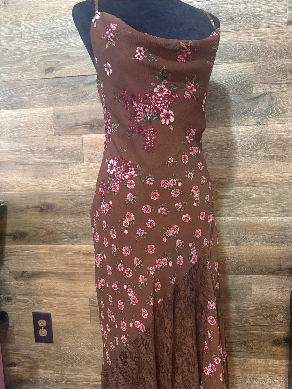Floral Brown Maxi Slip Dress with Pink Floral Print 90s summer sun